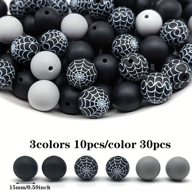 TEMU 30pcs Silicone Beads, Halloween Theme, Web Pattern, Black And Gray , Loose Spacer Beads, Suitable For Handmade Making, Bracelets, Necklaces,