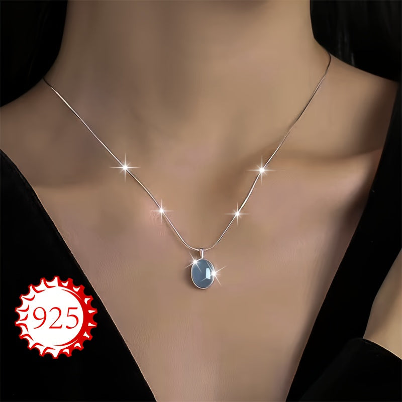 TEMU 925 Sterling Silver Hypoallergenic Necklace, Single Piece, Women's Aquamarine Necklace, , High-end Oval Pendant, Couple Gift, Girlfriend Gift,