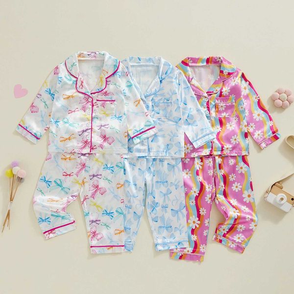 Clothing Sets Fall Winter Girls Pajama Set Satin Slik Kid Sleepwear Bow Print Long Sleeve Button Down Tops Pants Toddler Loungewear 250211