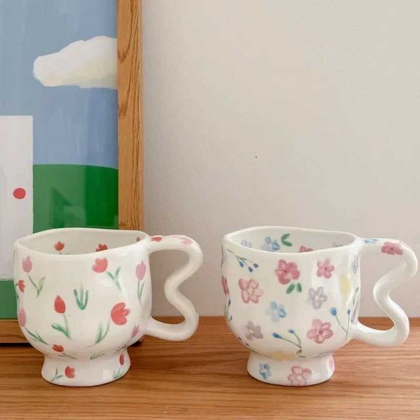 Flower Ceramic Tall Cup Coffee Cup Handmade Irregular Flower Milk Tea Cup Oat Breakfast Cup Juice Cup Beverage X241205
