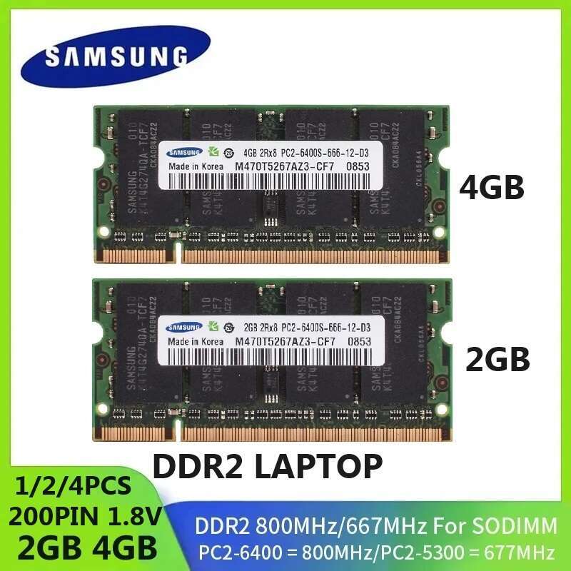 1-2PCS DDR2 Memory RAM SODIMM Notebook 4GB 2GB 667Mhz PC2-5300s 800MHz PC2-6400S Non ECC Unbuffered 1.8V CL5 2RX8 Laptop