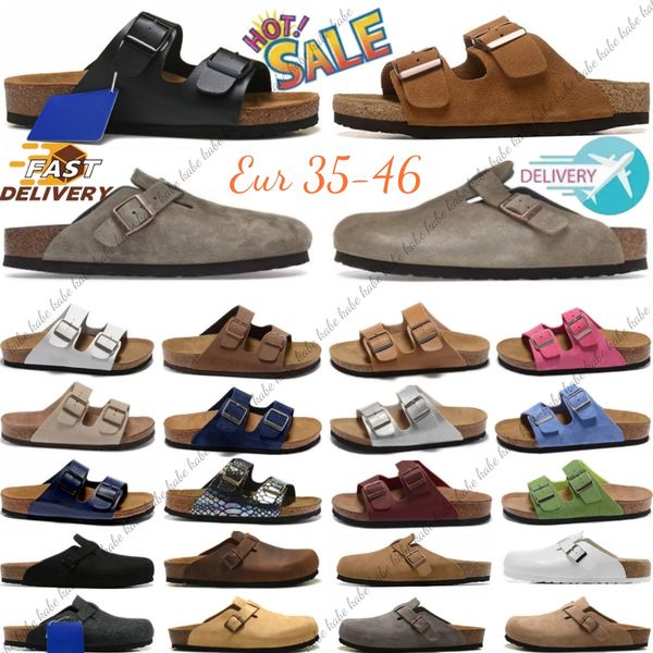 Designer Sandals Boston Slippers Mules Clogs Cork Flat Soft Women Men Fluffy Fashion Summer Suede Taupe Leather Black Blue Grey Slide Beach