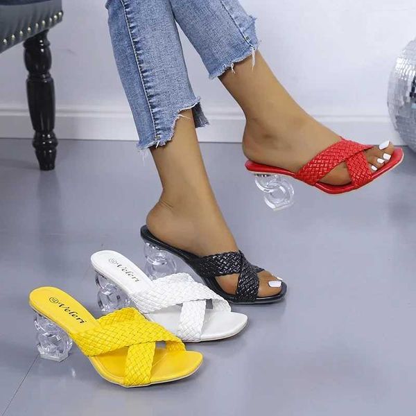 Transparent strange high heels sandals womens summer 2021 plus size woven womens slider fashion yellow open slider Y241025