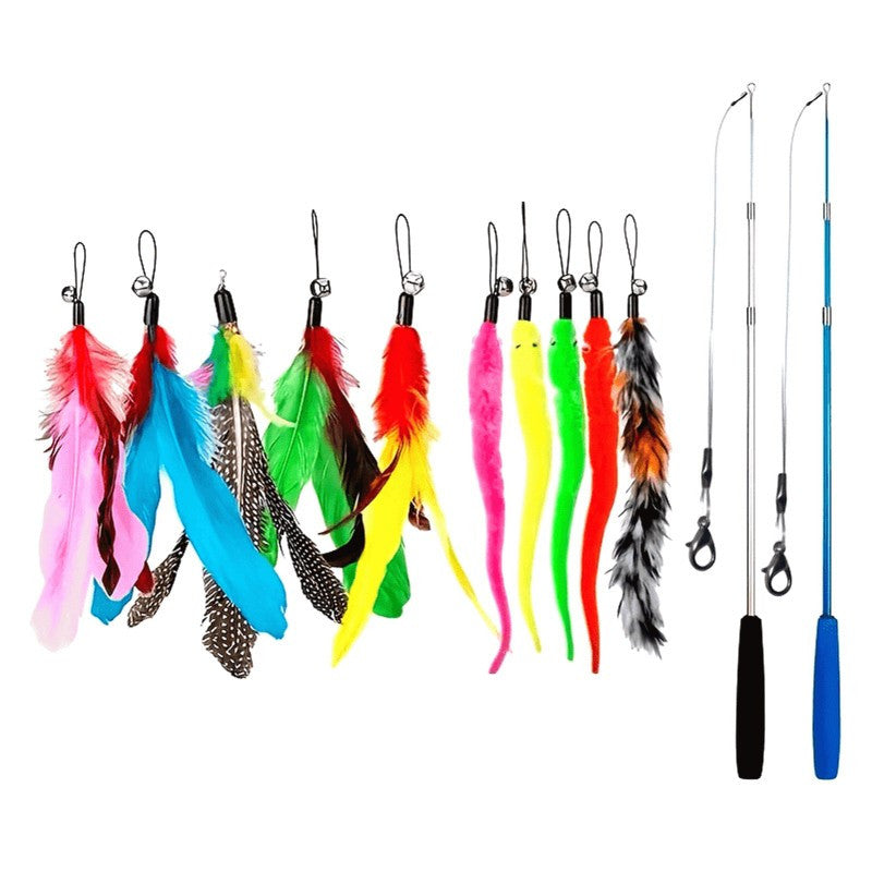 TEMU A Set Of 12 Pet Cat Toys, Colorful Feather Fishing Rod, Caterpillar Bell Replaceable Head Cat Teasing Stick, Without Battery
