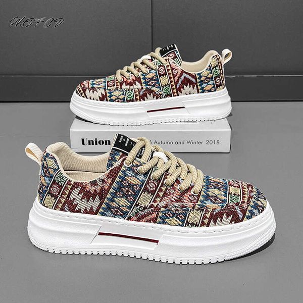 Sneakers Casual Mens Designer Ethnic Style Board Fashion Leather Fabric Breathable Increased Internal Flat Platform Shoes