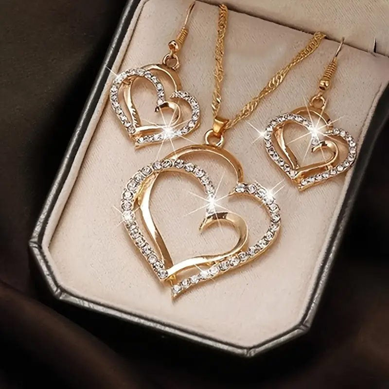 TEMU A Pair Of Earrings And A Necklace, A French Jewelry Set With A Sparkling Heart-shaped Design, Her Birthday Or Gifts