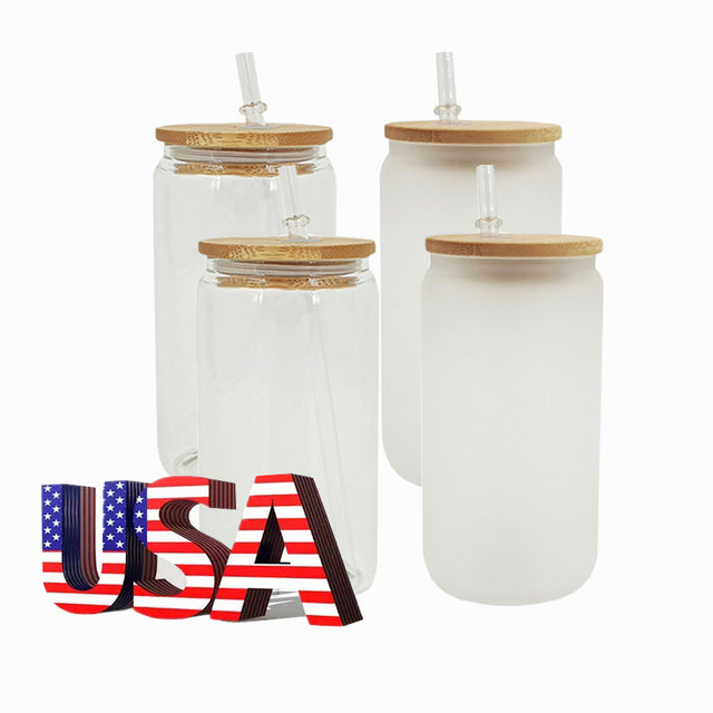 US CA STOCK Sublimation Glass Cup 16oz Tumbler Blanks With Bamboo Lid Beer Can Mason Jar Mugs with Plastic Straw