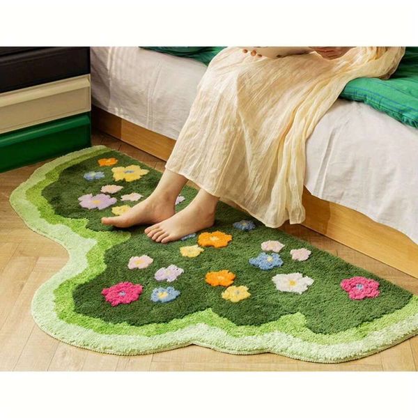1Pc Fresh Green Plant Design Anti-Slip Bathroom Mat - Absorbent, hine Washable Tpr or Rug For Entrance & Bedroom Loopy R250206