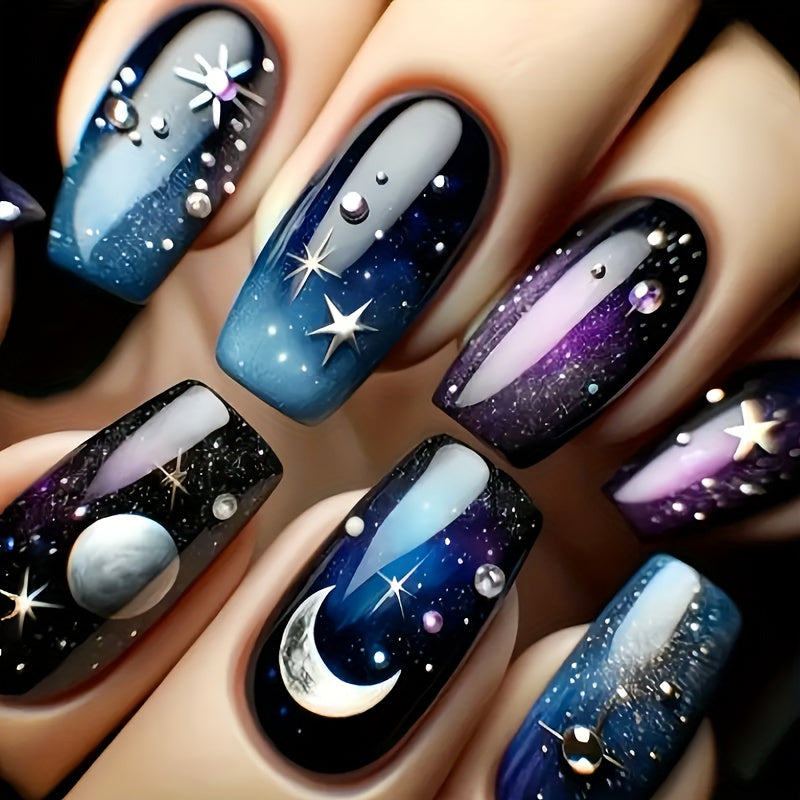 TEMU 24pcs Nail Stickers - Glossy Press-on Nails With Stars & Moon, Blue Purple Design, Medium Acrylic Fake Nails For Parties, Casual Attire ( &