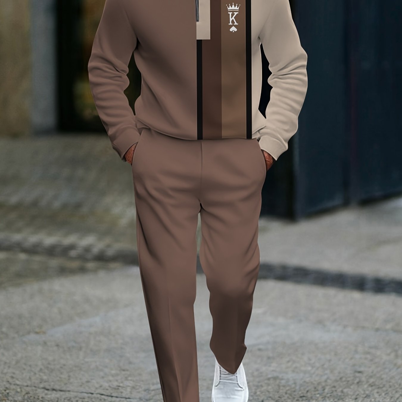 TEMU Men's Vintage-inspired Color Block Semi-cardigan Set With - Beige & Brown, Short Sleeve, Zip-up, Regular Fit For Fall-, Autumn Winter Apparel |