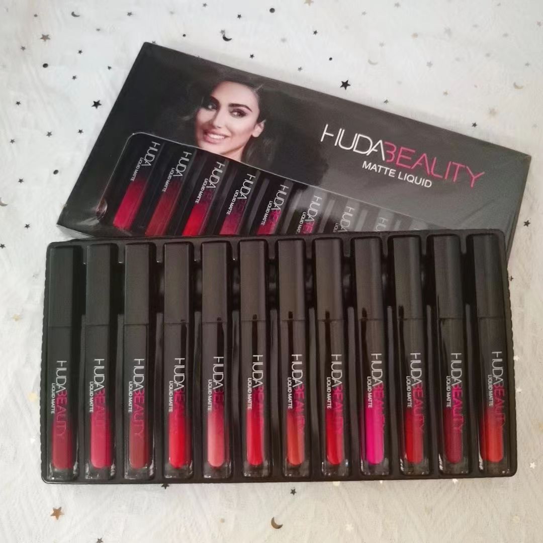 Lipstick 12Pcs-Set HUDA BEAUTY Lip Gloss Set Mirror Long Lasting Makeup Shine Women Cosmetic Waterproof Moisturizing Non-Fading Matte Liquid