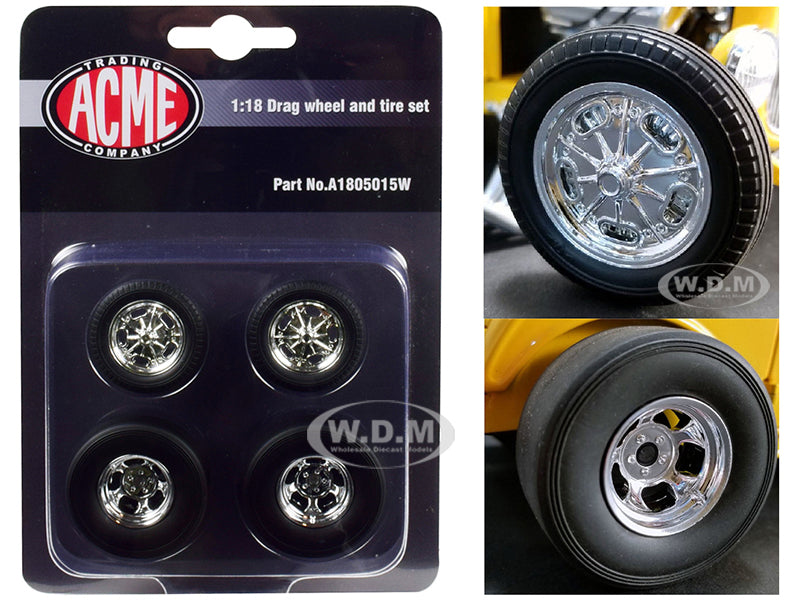 Chrome Drag Wheel and Tire Set of 4 pieces from "1932 Ford 3 Window" 1-18 by Acme