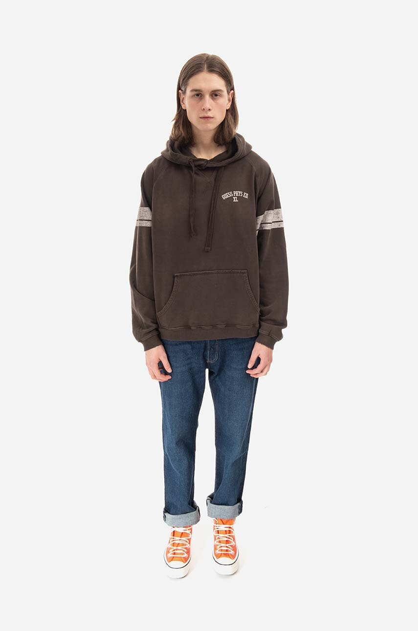 Pamučna dukserica Guess Washed Hoodie za muškarce, boja: smeđa, s kapuljačom, s uzorkom, M2BQ00KBB40 G1CG