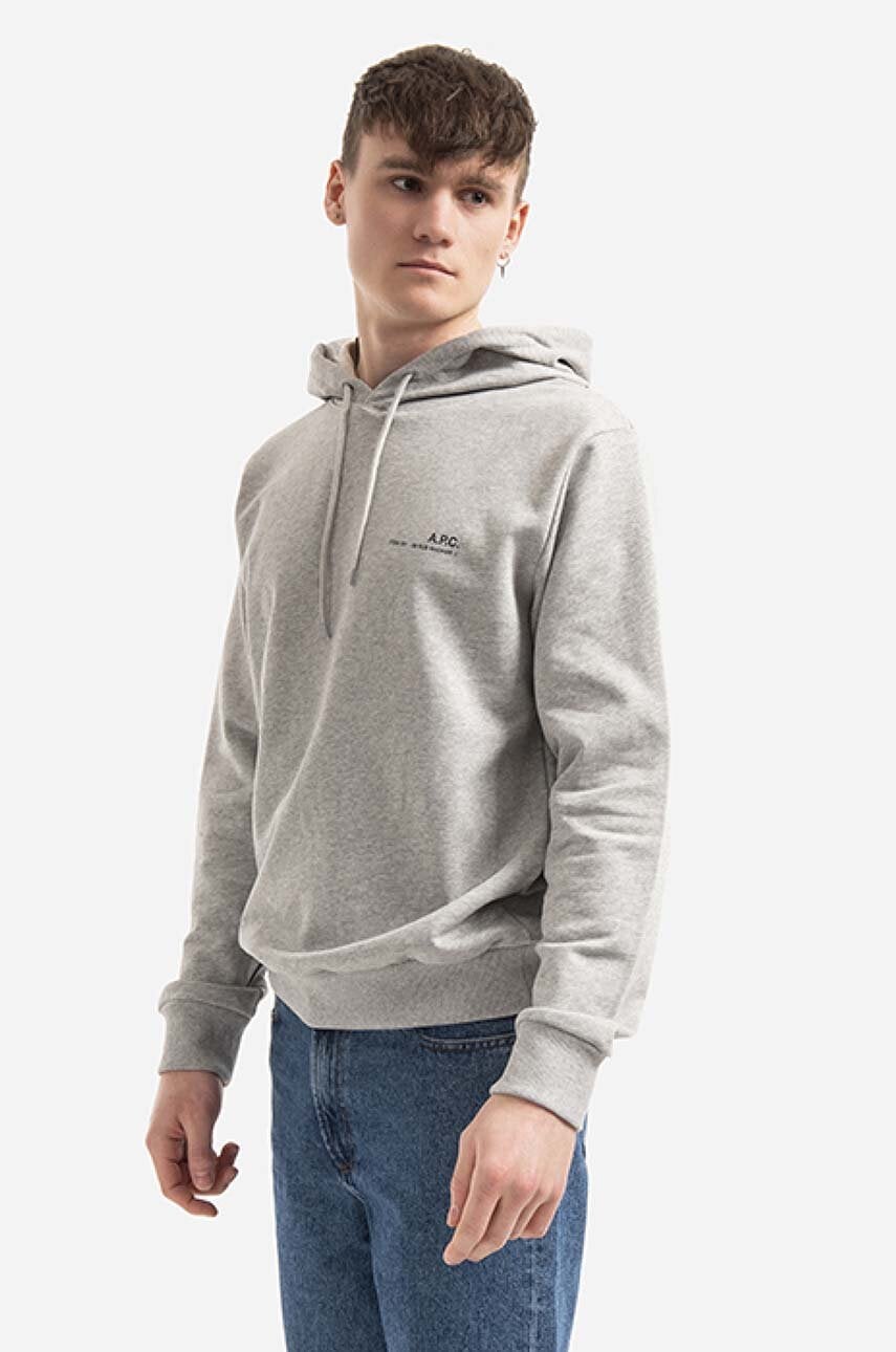 Bombažen pulover A.P.C. Hoodie Item moški, siva barva, s kapuco