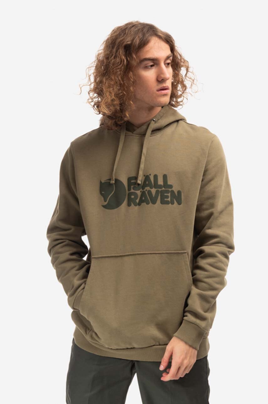 Pamučna dukserica Fjallraven Logo Hoodie M za muškarce, boja: zelena, s kapuljačom, s tiskom, F84144.622-622