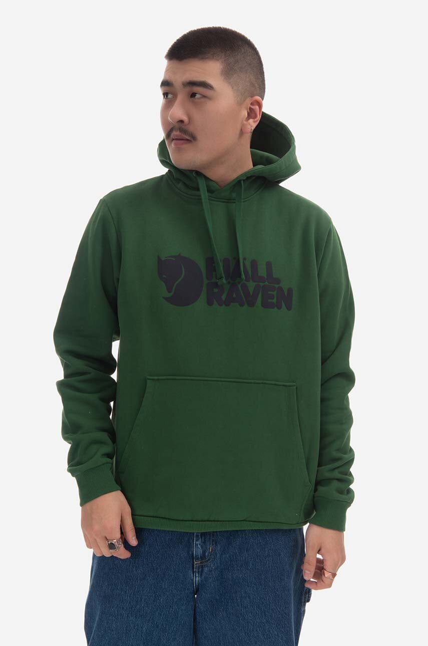 Pamučna dukserica Fjallraven Logo Hoodie za muškarce, boja: zelena, s kapuljačom, tiskom, F84144.678-678