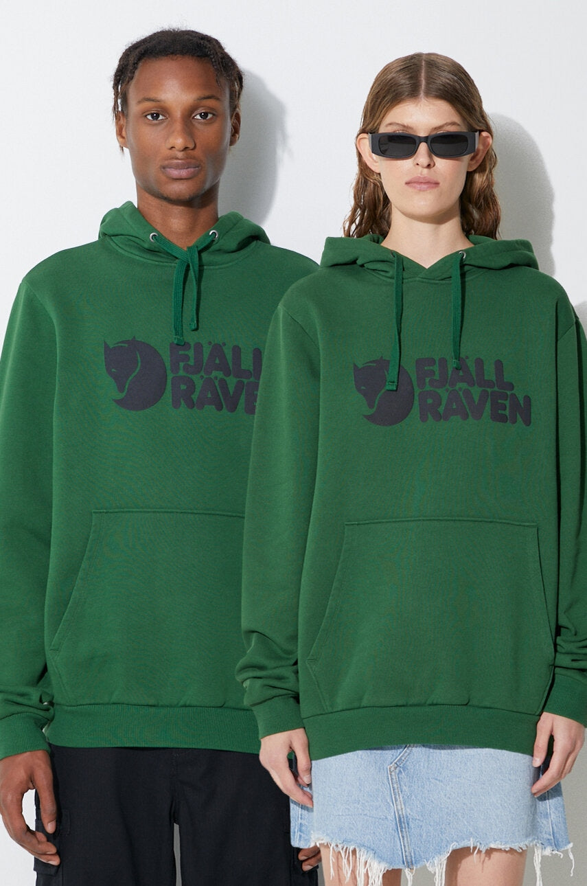 Pamučna dukserica Fjallraven Logo Hoodie boja: zelena, s kapuljačom, tiskom, 84144-PALM.GREEN