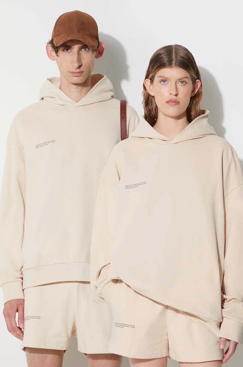 Bombažen pulover Pangaia bež barva, s kapuco