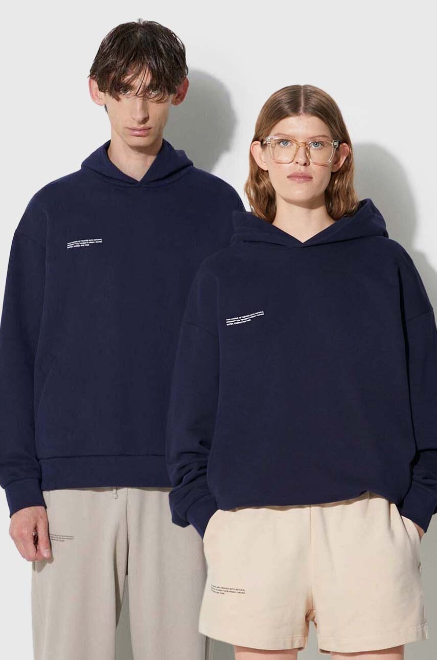 Bombažen pulover Pangaia mornarsko modra barva, s kapuco