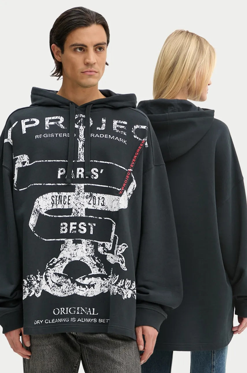 Bombažen pulover Y-Project EVERGREEN PARIS' BEST PINCHED HOODIE črna barva, s kapuco, 204SH002