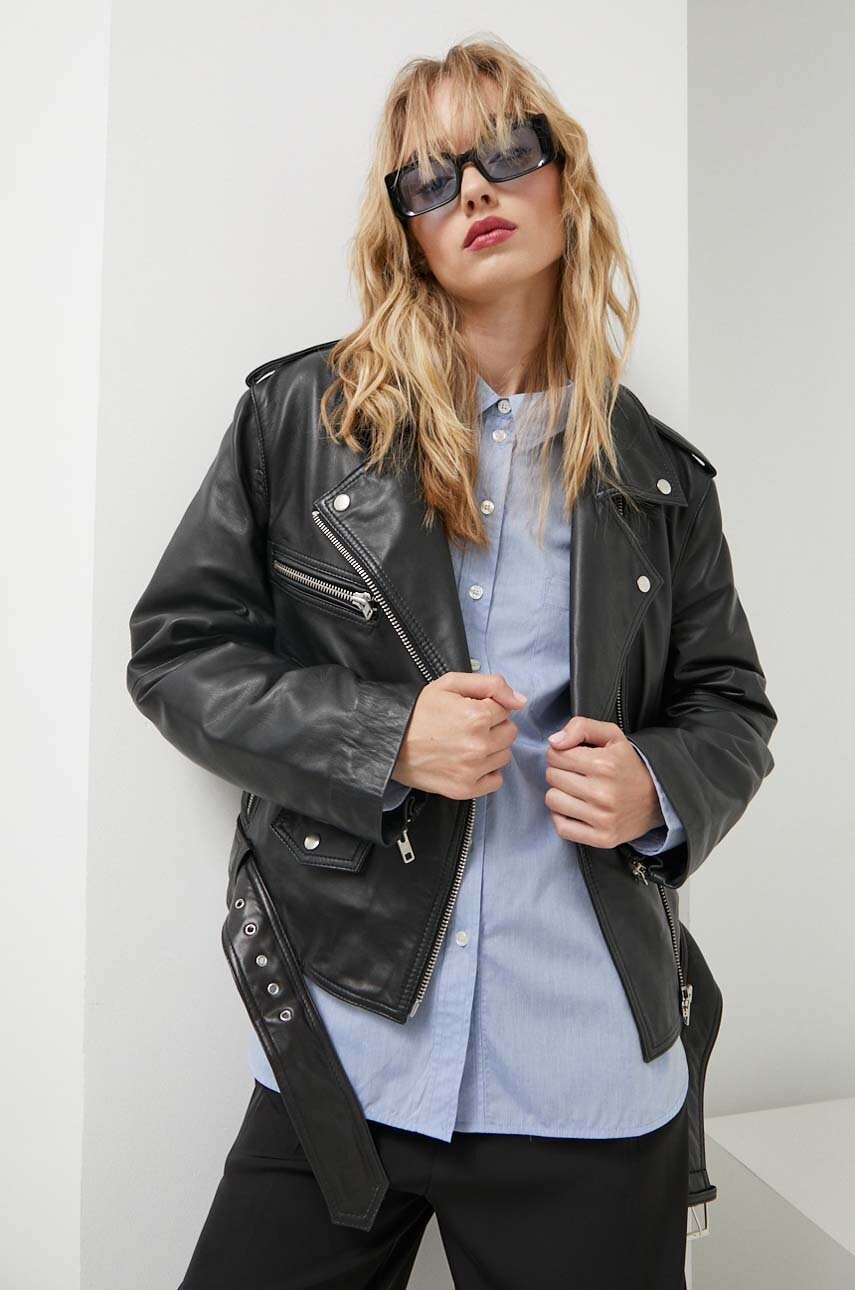 Usnjena biker jakna Gestuz ženska, črna barva