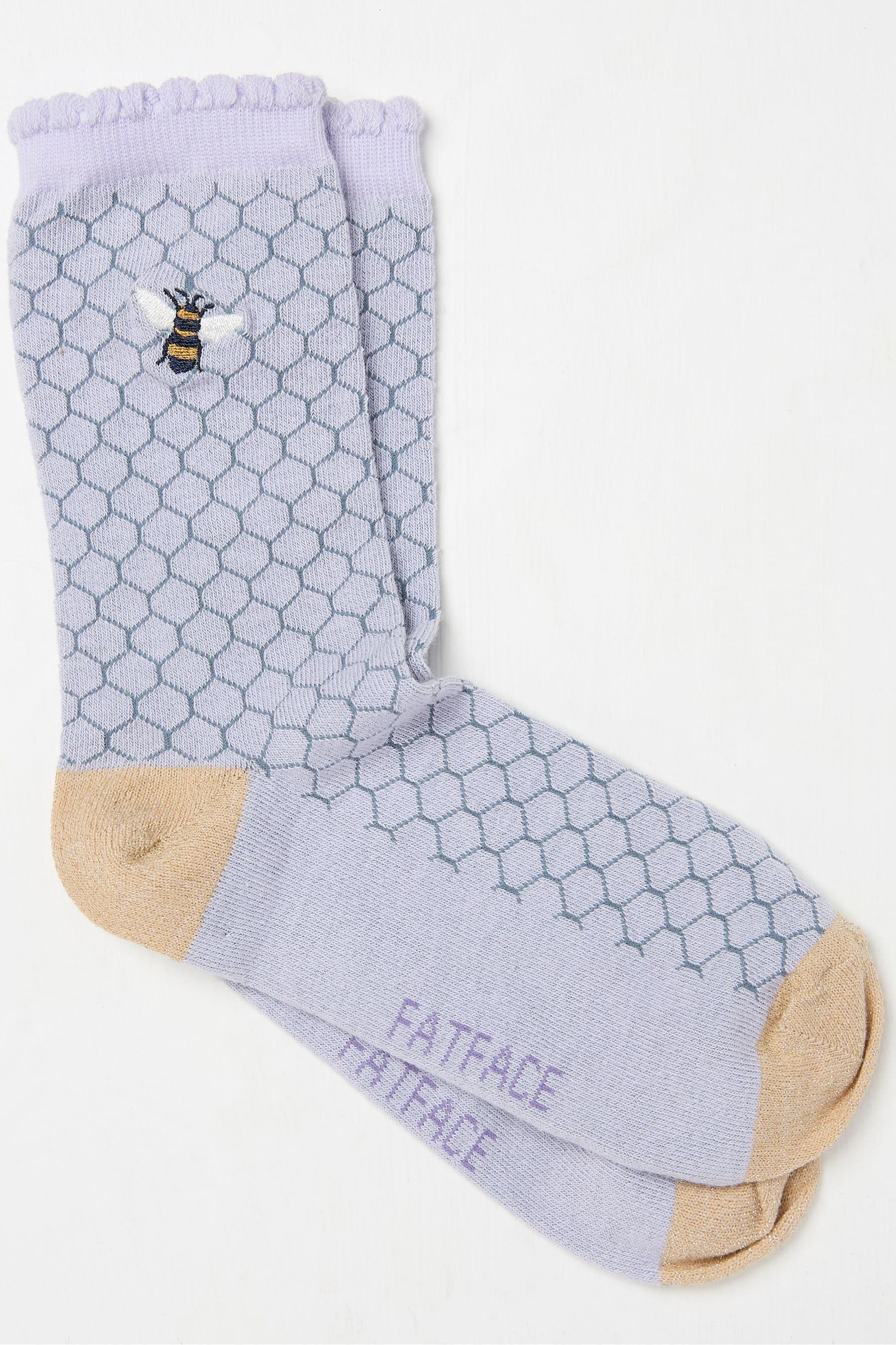 Fat Face - Purple Embroidered Bee Honeycomb Socks