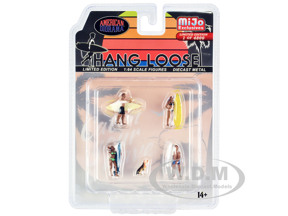 "Hang Loose" 5 piece Diecast Set (4 Surfer Figures and 1 Dog) Limited Edition to 4800 pieces Worldwide for 164 Scale Models by American Diorama