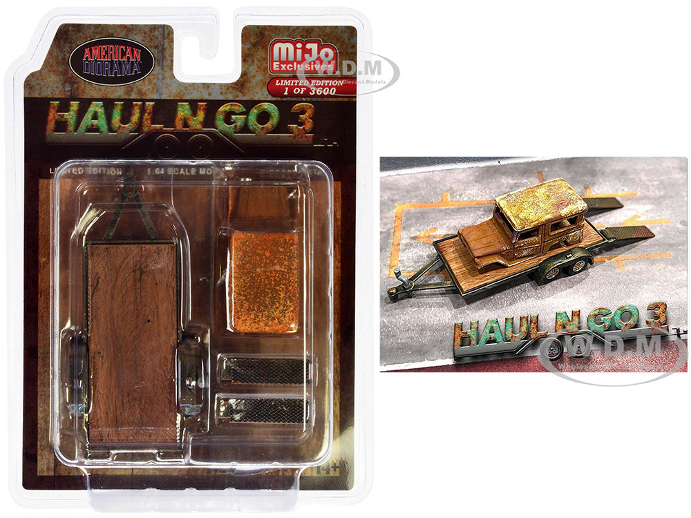 "Haul N Go 3" 4 piece Diecast Model Set (1 Flatbed Trailer 1 Abandoned Car 2 Ramps) Limited Edition to 3600 pieces Worldwide for 164 Scale Models by