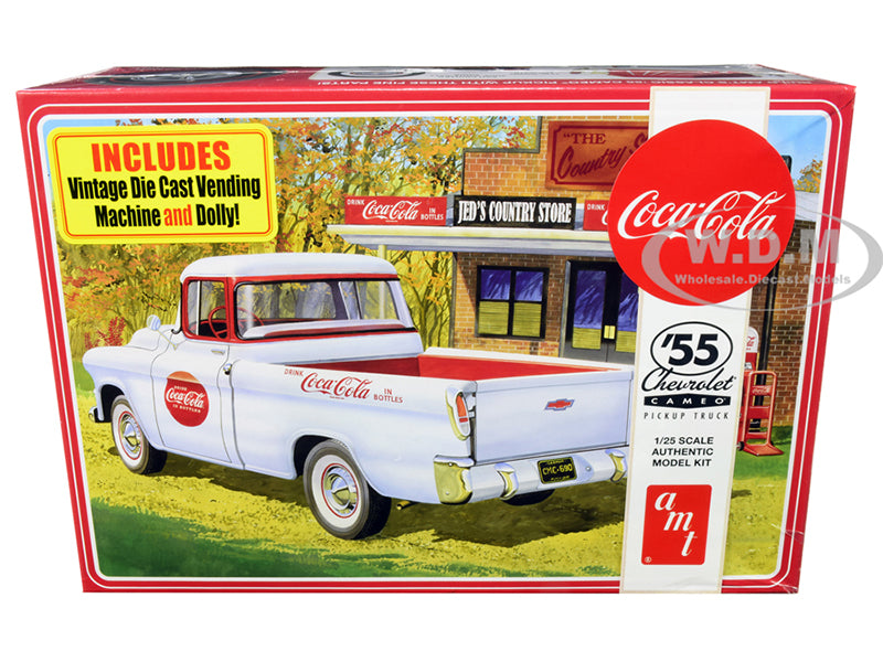 Skill 3 Model Kit 1955 Chevrolet Cameo Pickup Truck "Coca-Cola" with Vintage Vending Machine and Dolly 1-25 Scale Model by AMT