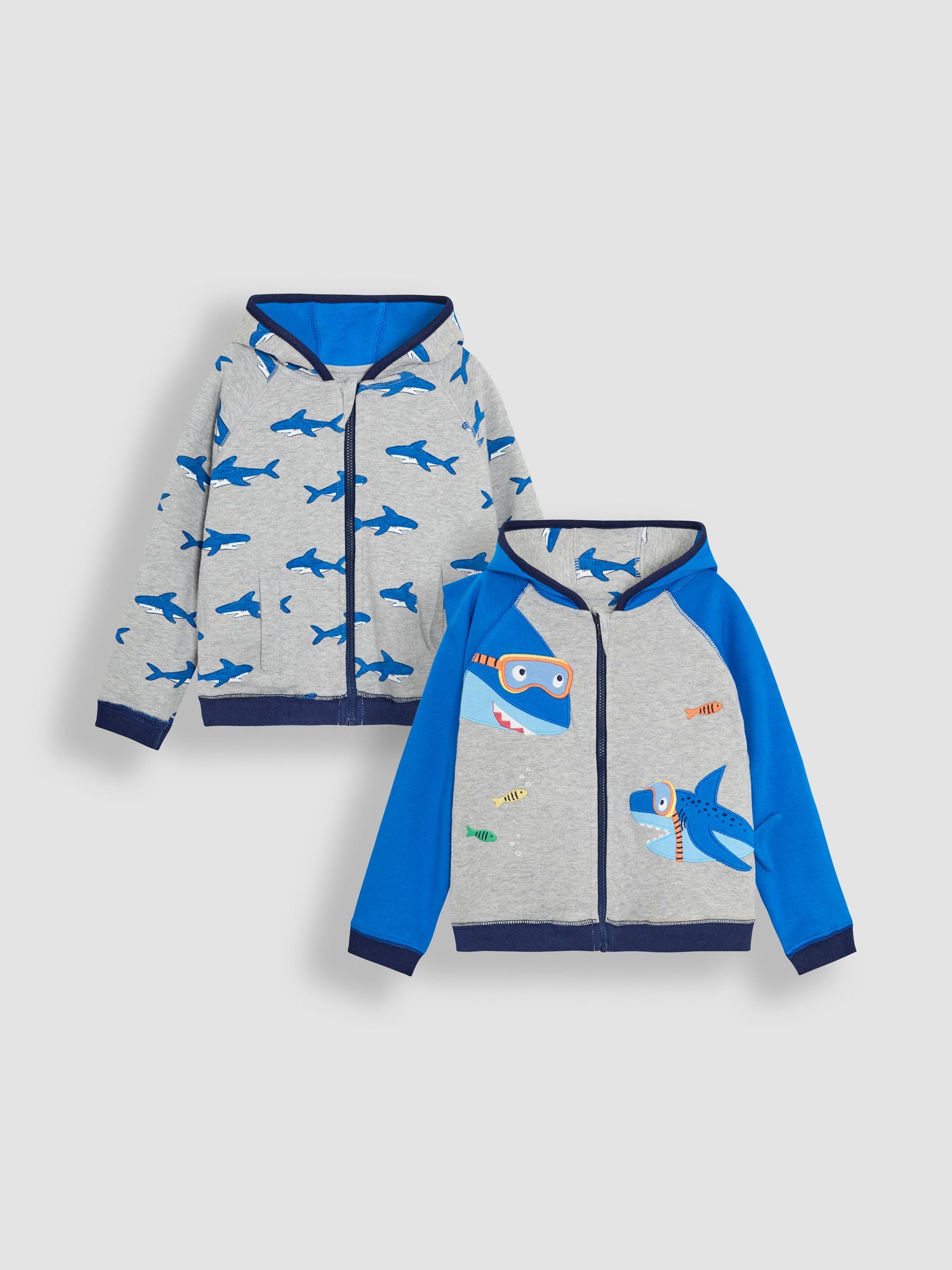 Grey Shark Appliqué Reversible Hoodie 6-12 Mths