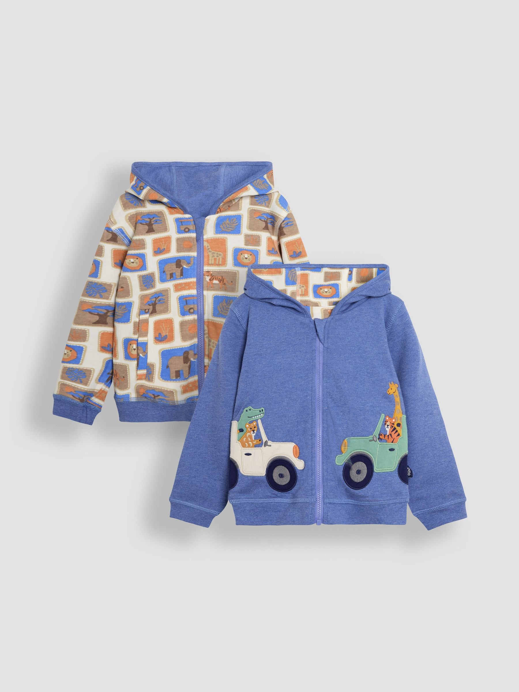 Denim Safari Animals Appliqué Reversible Hoodie 6-12 Mths