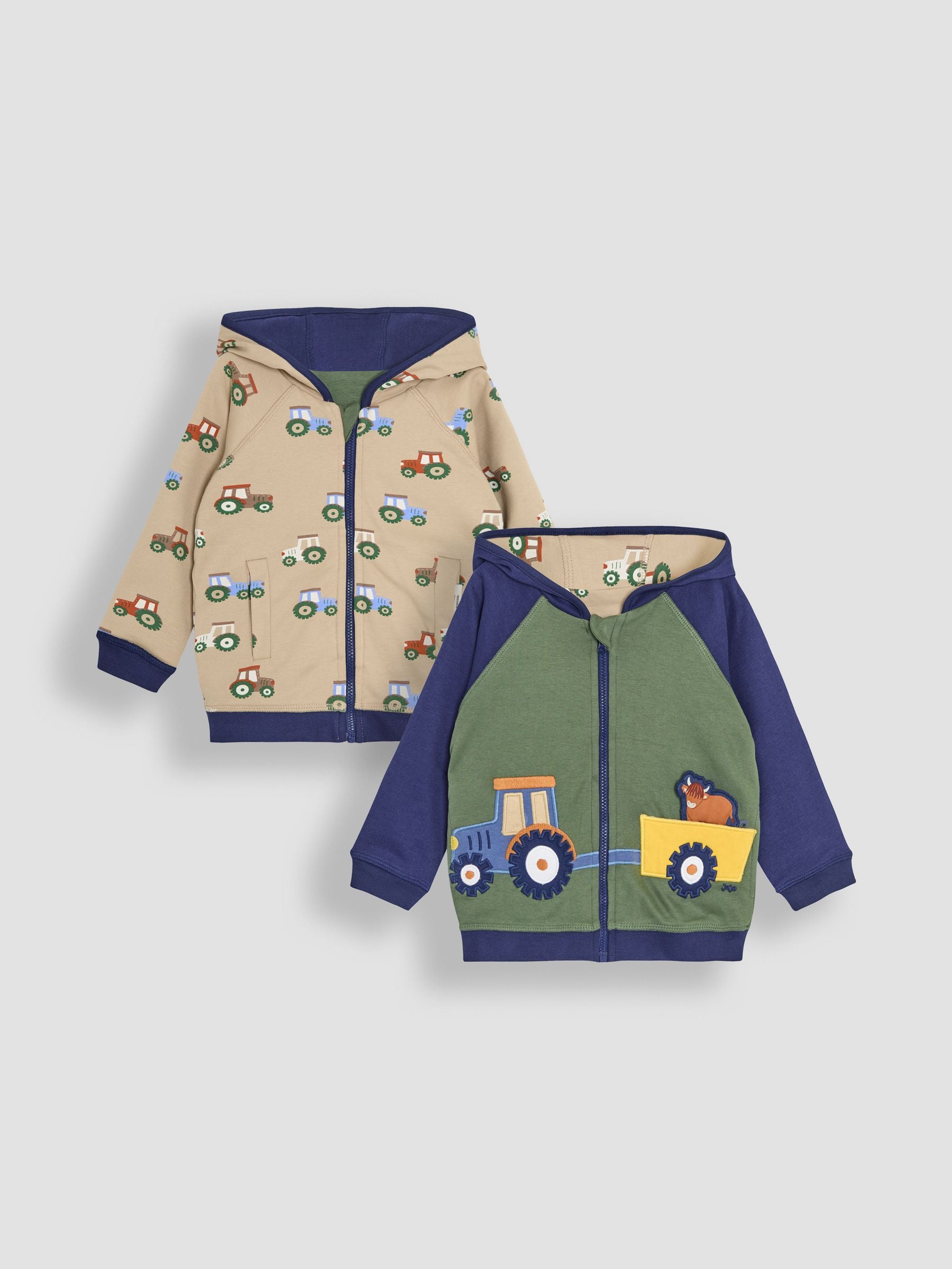 Navy Tractor Appliqué Reversible Hoodie 6-12 Mths