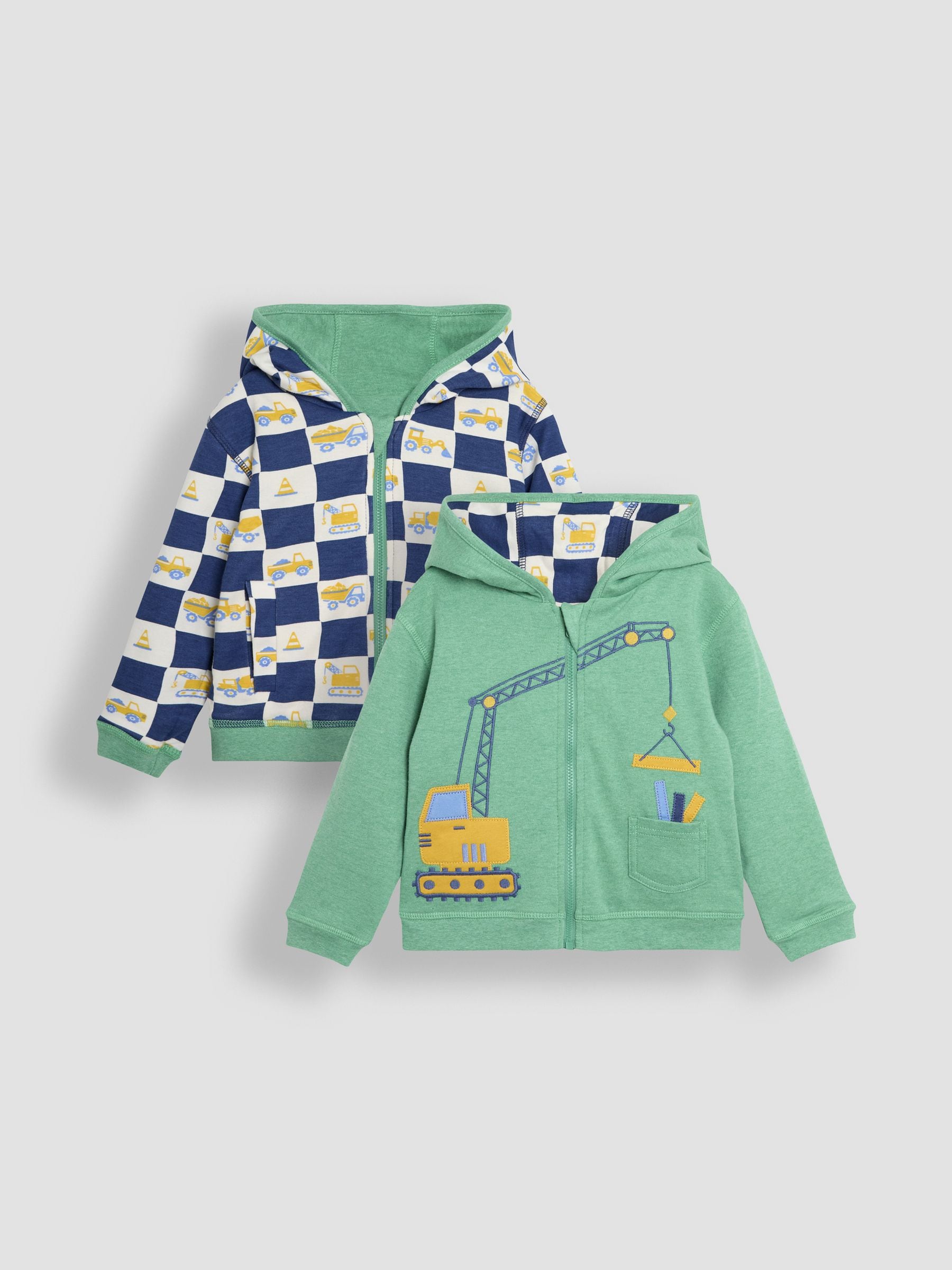 Green Construction Vehicle Appliqué Reversible Hoodie 6-12 Mths
