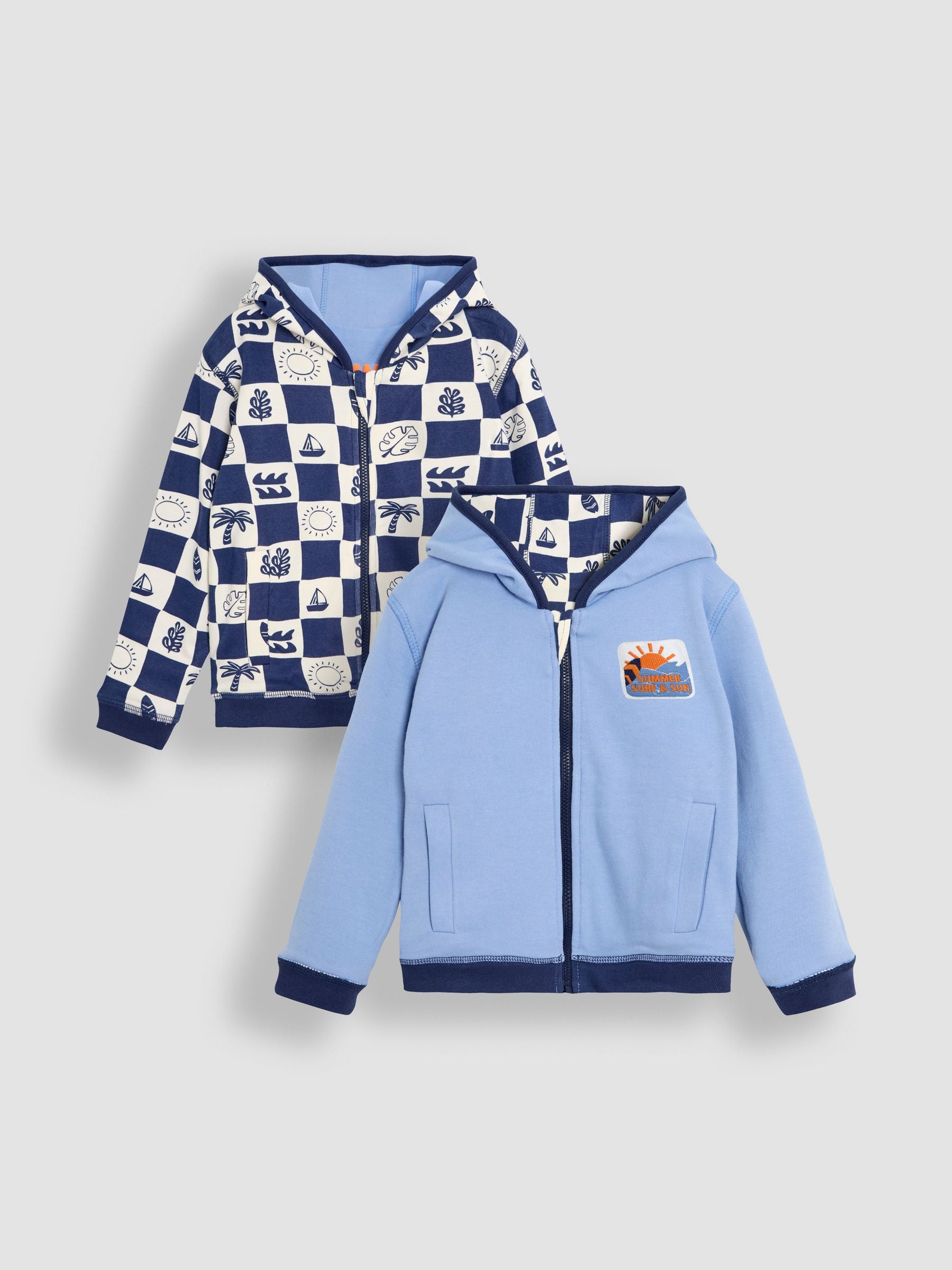 Navy Surf Checkerboard Print Reversible 100% Cotton Hoodie 6-12 Mths