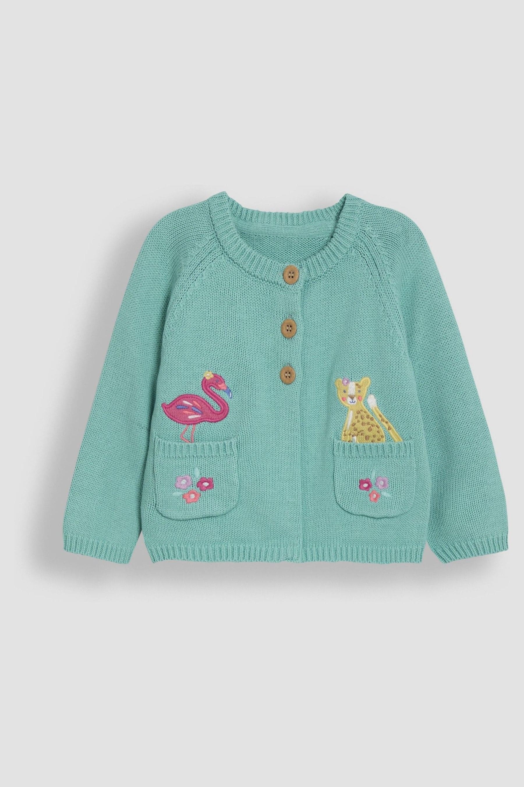 Duck Egg Blue Safari Animals Applique Pet in Pocke Character Cardigan 6-12 Mths Matron Inn