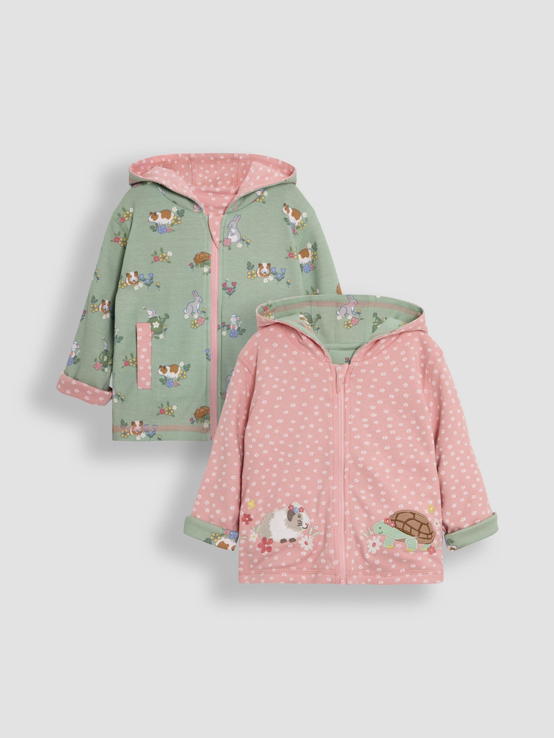 Pink Guinea Pig & Tortoise Appliqué Reversible Hoodie 6-12 Mths