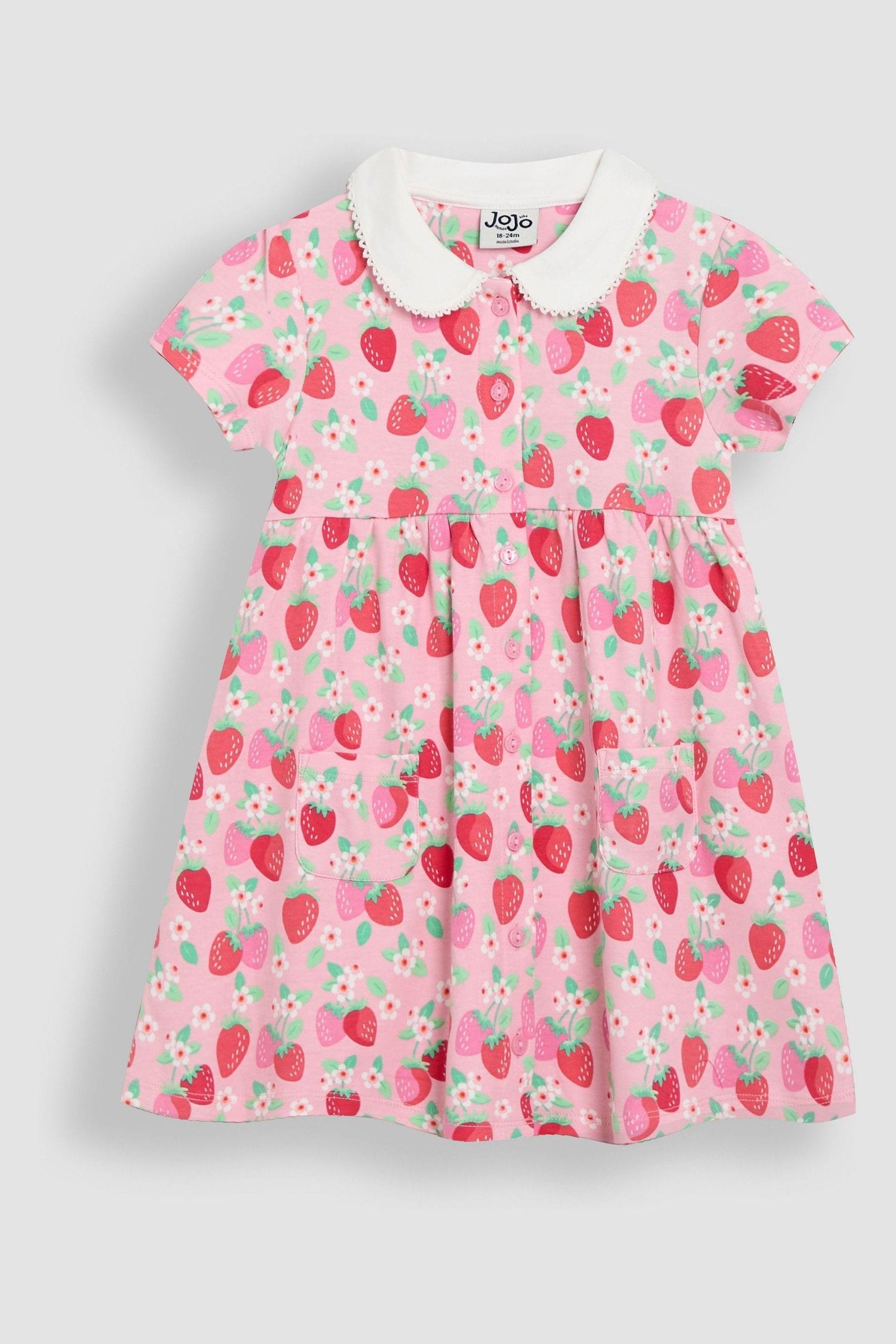 Pink Strawberry Floral Peter Pan Collar Button Front Dress 6-12 Mths Matron Inn