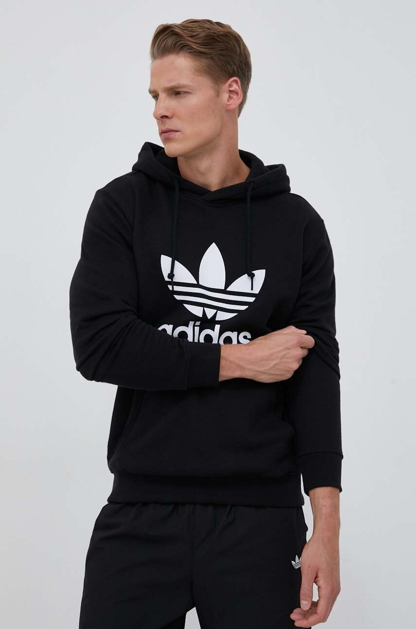 Pamučna dukserica adidas Originals Classics Trefoil Hoodie za muškarce, boja: crna, s kapuljačom, tiskom