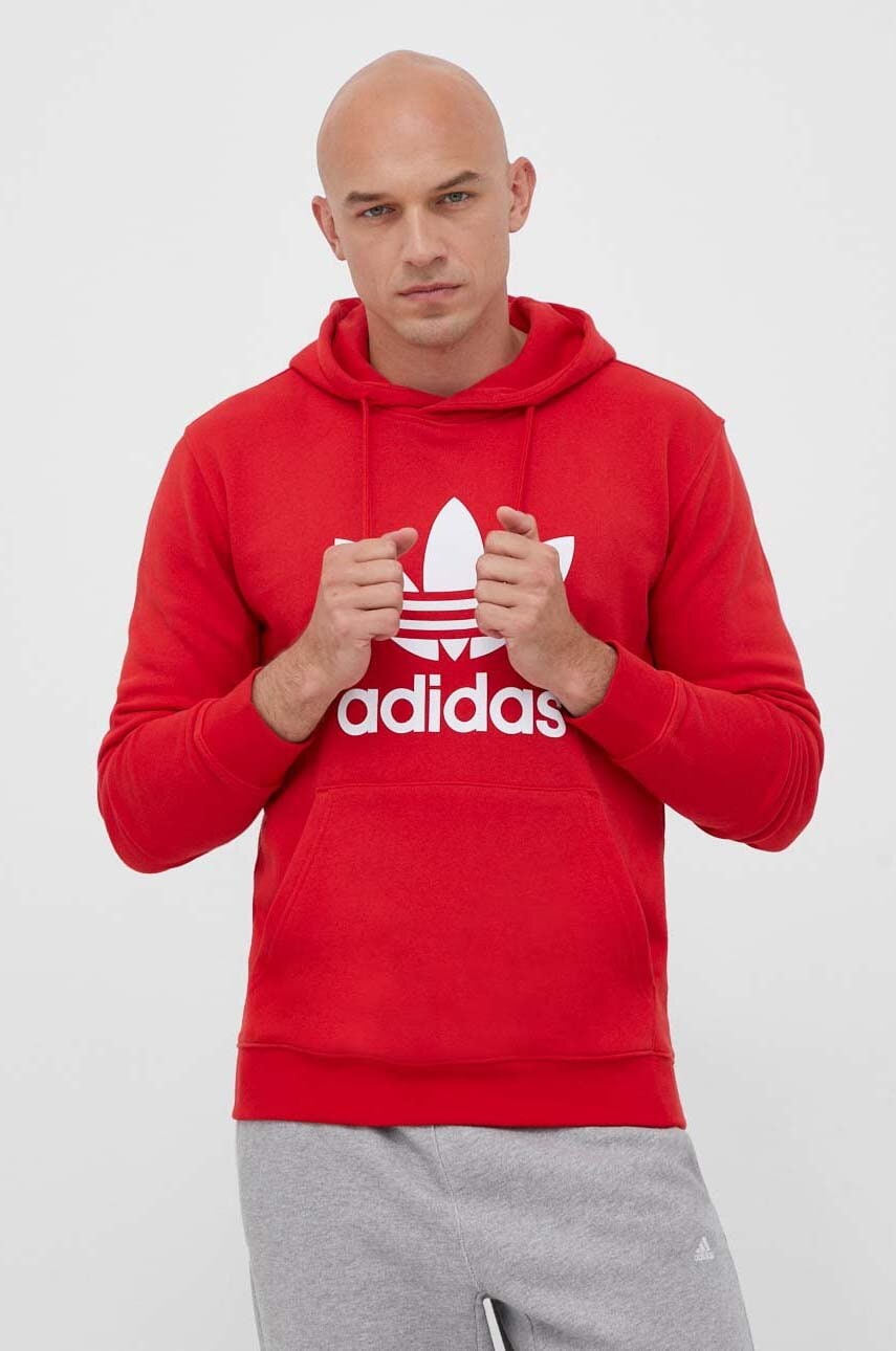 Pamučna dukserica adidas Originals Classics Trefoil Hoodie za muškarce, boja: crvena, s kapuljačom, tiskom