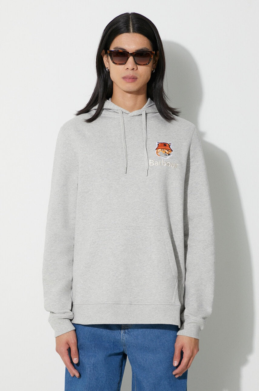 Pamučna dukserica Barbour x Maison Kitsune Fox Head Hoodie za muškarce, boja: siva, s kapuljačom, s aplikacijom, MOL0569