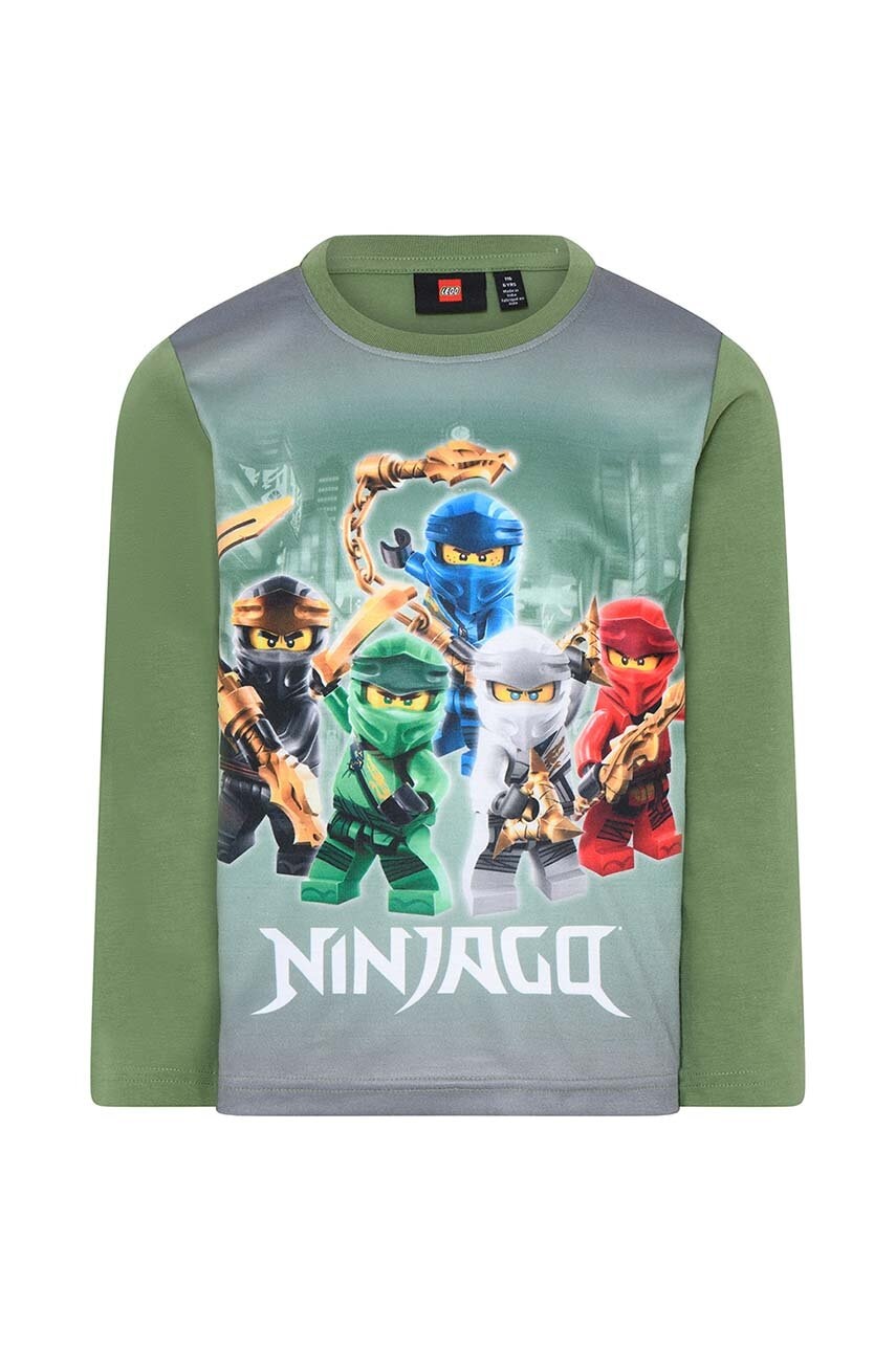 Otroška bombažna majica z dolgimi rokavi Lego zelena barva