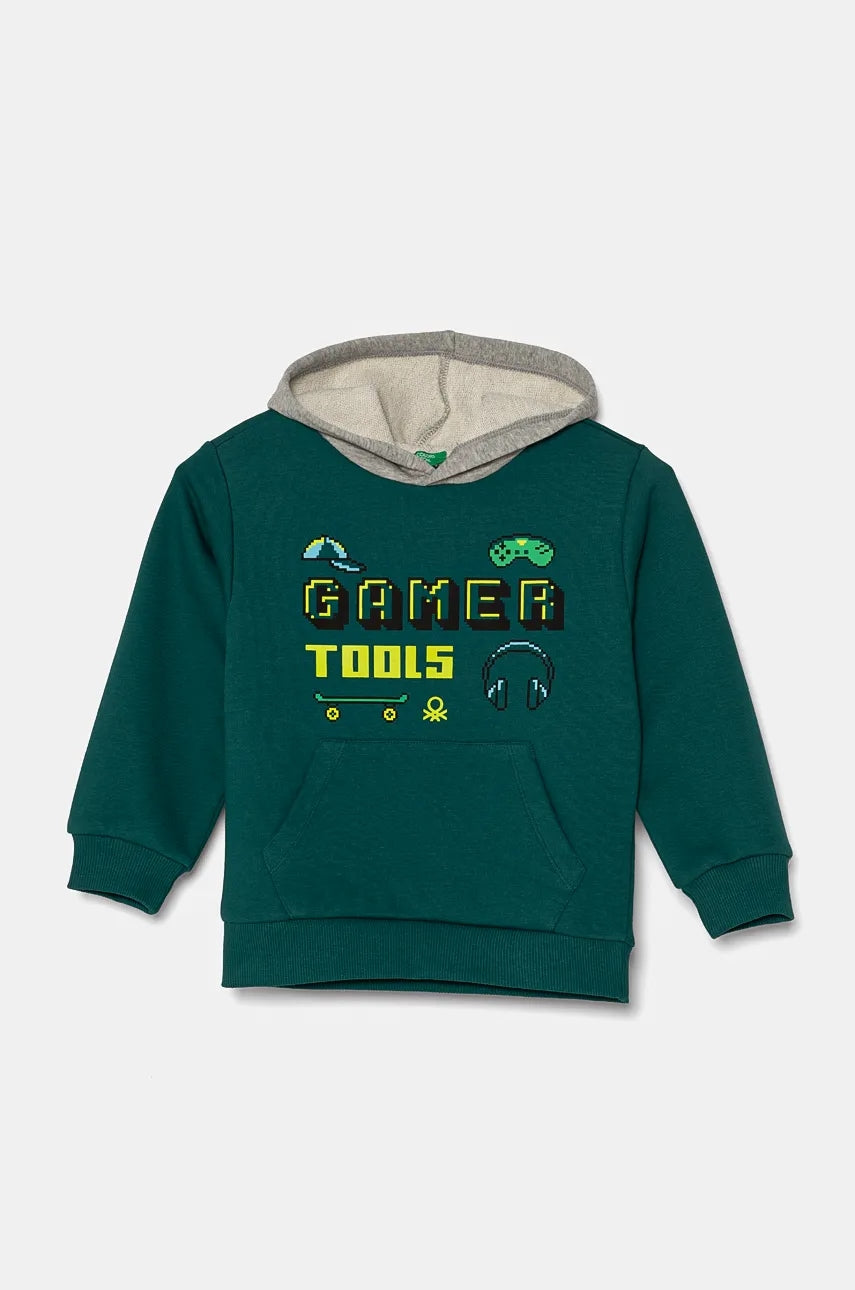 Pulover za dojenčka United Colors of Benetton zelena barva, s kapuco, 3PANG2010