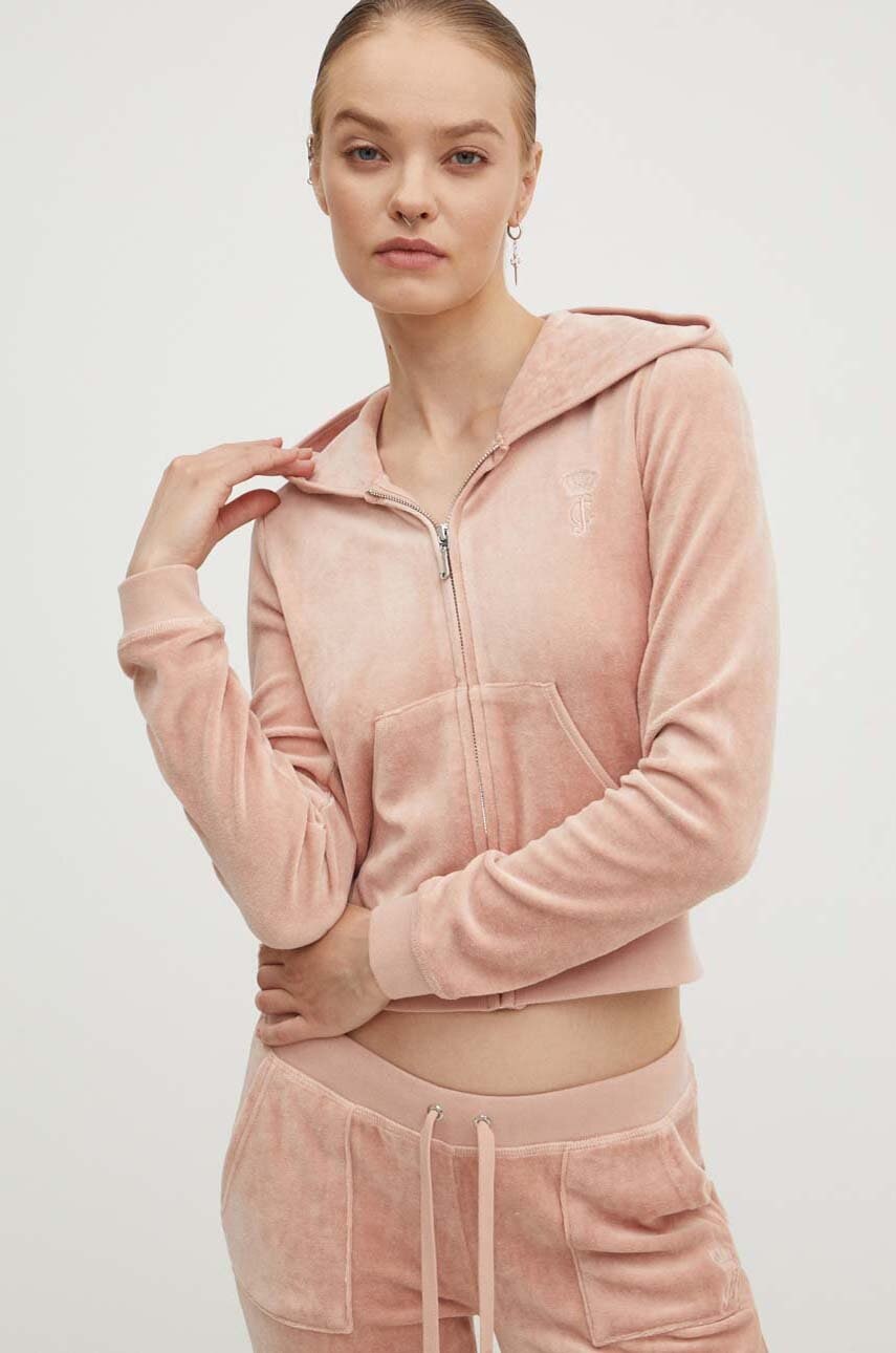 Dukserica od velura Juicy Couture HERITAGE ROBYN HOODIE boja: bež, s kapuljačom, bez uzorka, JCSEBJ007