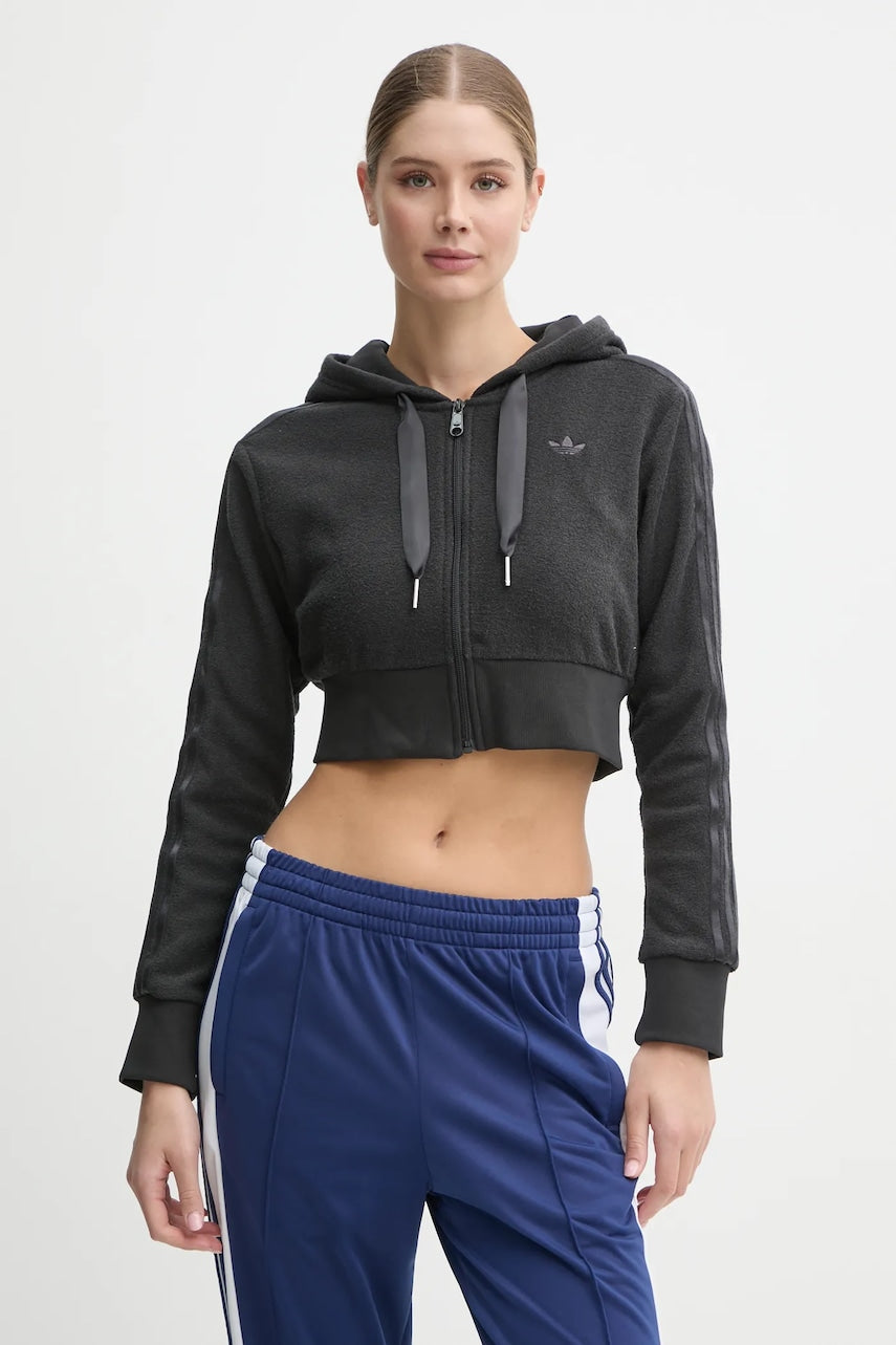 Pulover adidas Originals Femme Galore Short Fulzip Hoodie ženski, siva barva, s kapuco, JN3006