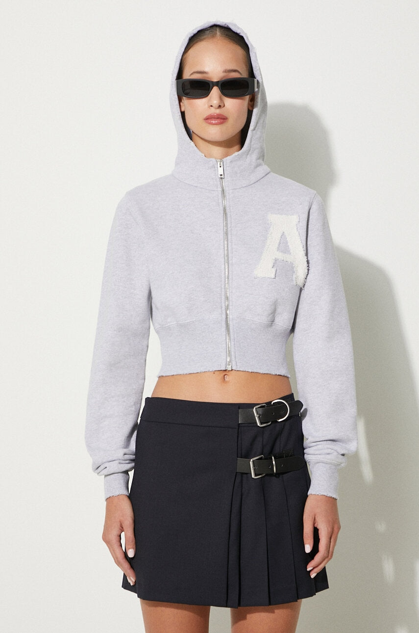 Pamučna dukserica AMBUSH Crop Hoodie za žene, boja: siva, s kapuljačom, melanž, BWBB002F24FLE0020505