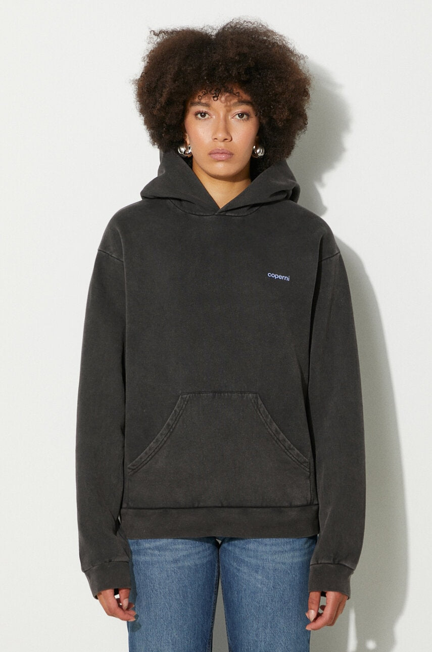 Pulover Coperni Washed Horn Hoodie ženski, črna barva, s kapuco, COPJS15BIS523W