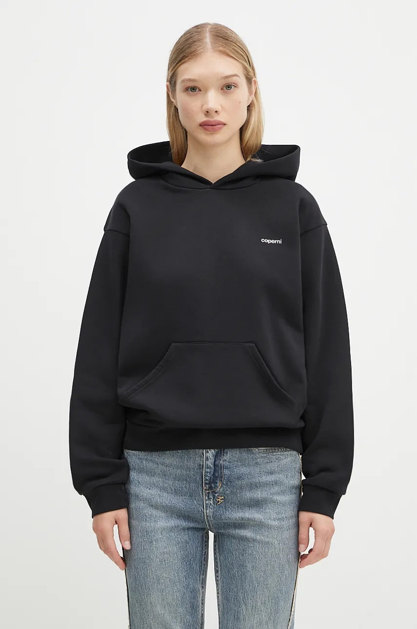 Dukserica Coperni Logo Hoodie za žene, boja: crna, s kapuljačom, s tiskom, COPJS15523