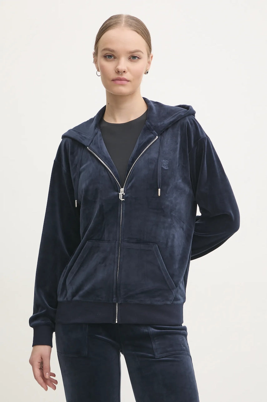 Velur pulover Juicy Couture HALAN OVERSIZED HOODIE mornarsko modra barva, s kapuco, JCWAS24342
