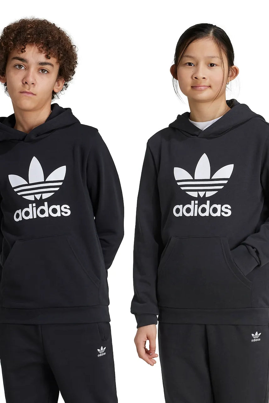 Otroški pulover adidas Originals TREFOIL HOODIE črna barva, s kapuco, IY7446