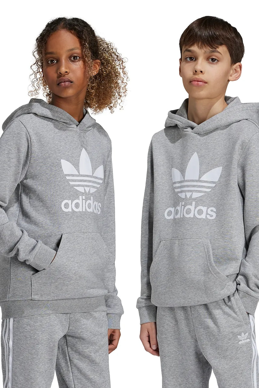 Otroški pulover adidas Originals TREFOIL HOODIE siva barva, s kapuco, IY7442